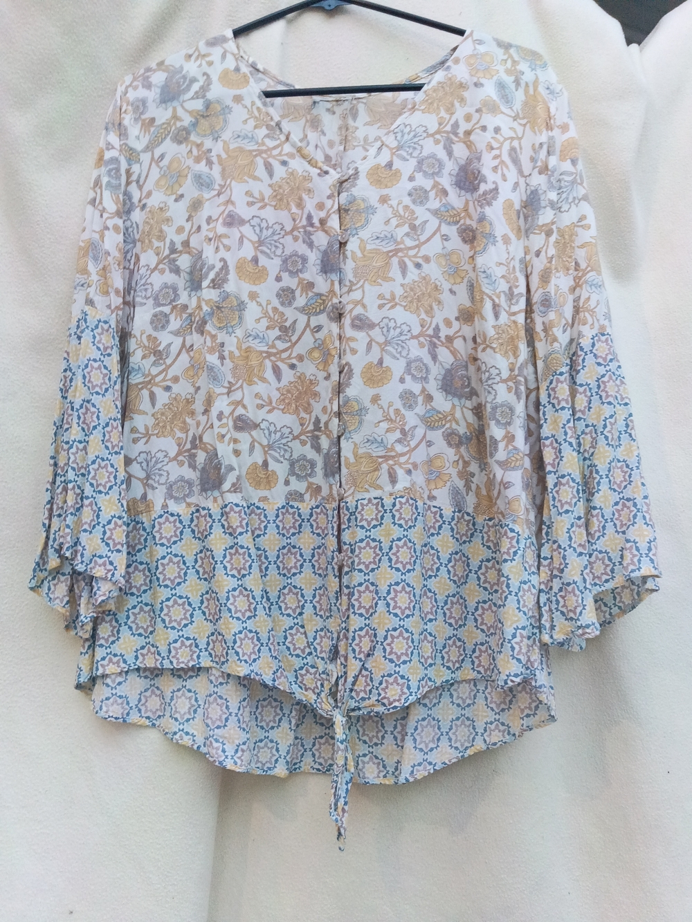 Printed Long Sleeve Boho Top - White, Gold & Blue - Picture 2 of 4